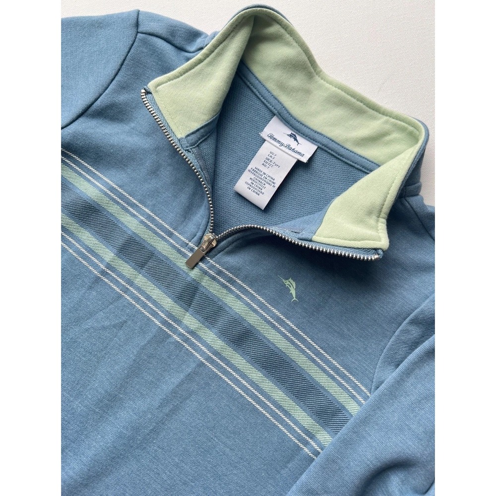 Tommy Bahama Boys 7 Blue Green Striped Quarter Zip Pullover Sweatshirt Youth